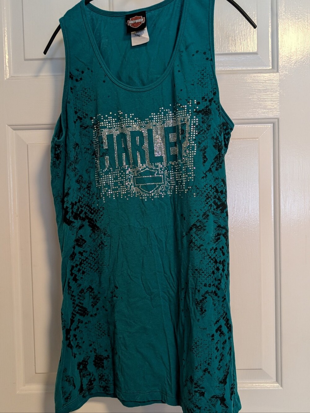 Harley-Davidson Teal Tank with Silver Rhinestone Logo